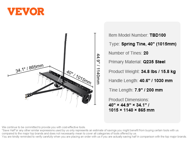 VEVOR tow behind dethatcher, spring tine, 40", 20 tines, q235 steel, 34.8 lbs, 40.6" handle length.