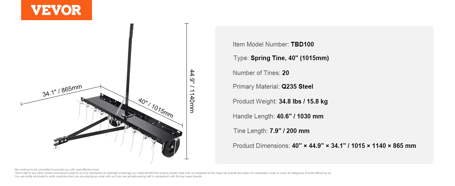 VEVOR tow behind dethatcher, spring tine, 40", 20 tines, q235 steel, 34.8 lbs, 40.6" handle length.