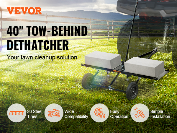 VEVOR tow behind dethatcher with 20 steel tines, wide compatibility, and easy installation.