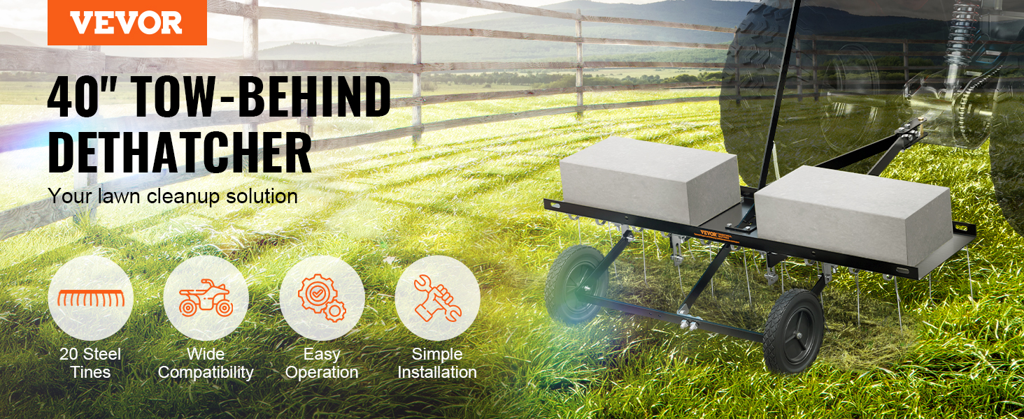 VEVOR tow behind dethatcher with 20 steel tines, wide compatibility, and easy installation.