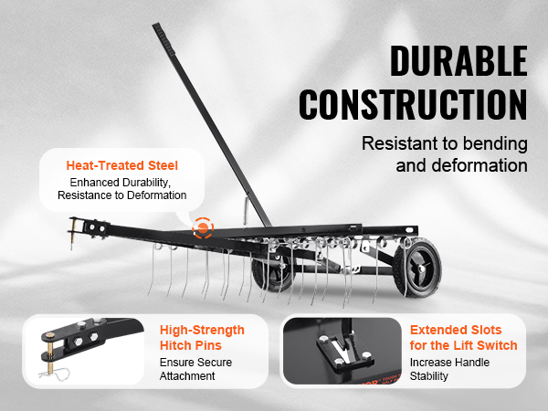 VEVOR tow behind dethatcher with high-strength hitch pins, extended lift switch slots, and heat-treated steel.