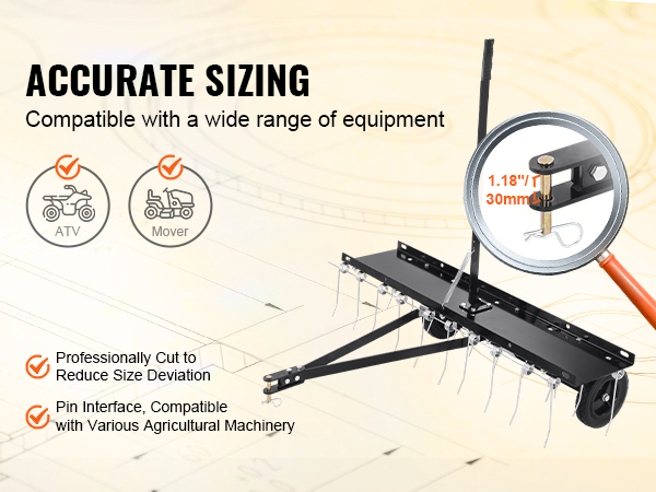 VEVOR tow behind dethatcher, size compatibility with atv and mower, close-up view of pin interface features.