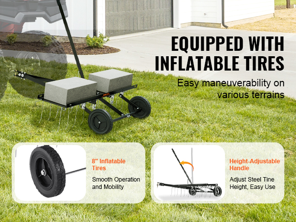 VEVOR tow behind dethatcher equipped with 8" inflatable tires and height-adjustable handle for easy use.