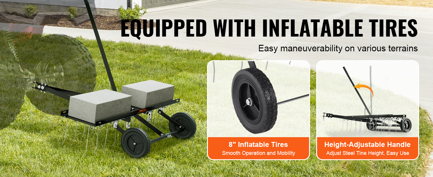 VEVOR tow behind dethatcher equipped with 8" inflatable tires and height-adjustable handle for easy use.