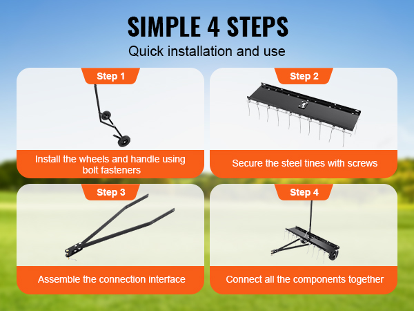 VEVOR tow behind dethatcher assembly in four steps: install wheels, secure tines, assemble, connect components.
