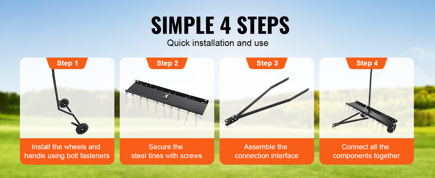 VEVOR tow behind dethatcher assembly in four steps: install wheels, secure tines, assemble, connect components.