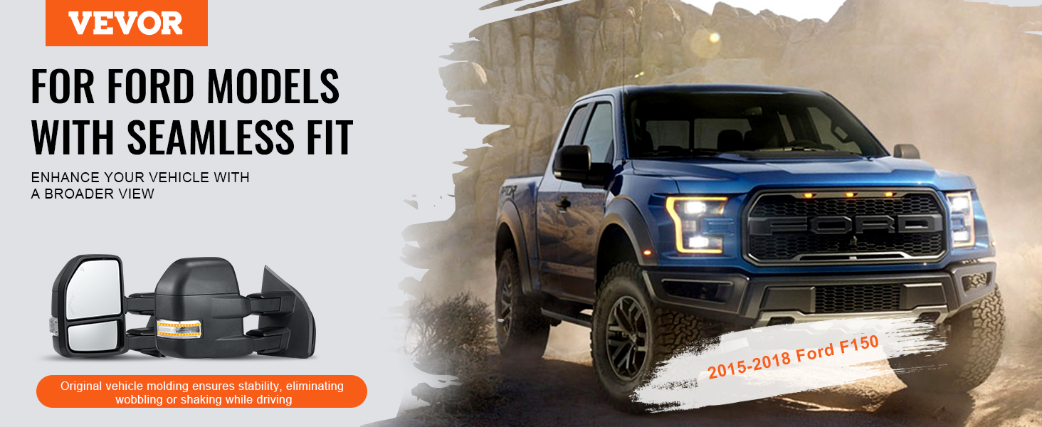 VEVOR towing mirrors for ford f150 showcased with a rugged blue fordf150 (2015-2018) in the desert.