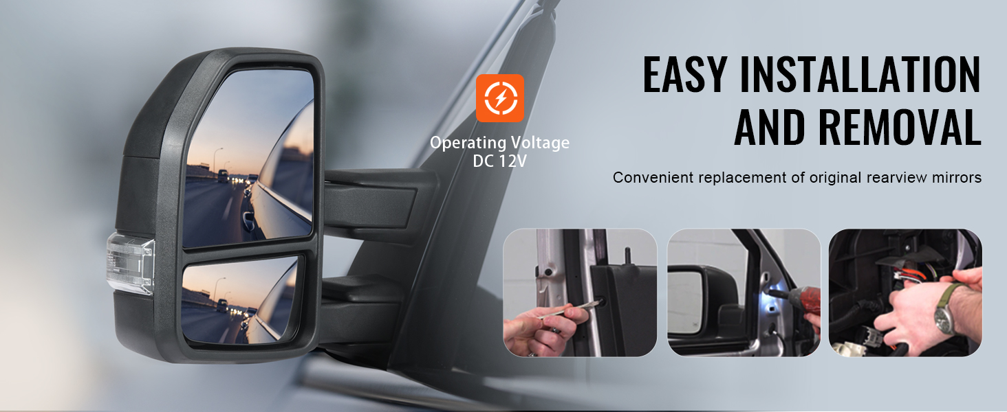 VEVOR towing mirrors ford f150 with easy installation and removal, 12v operating voltage.