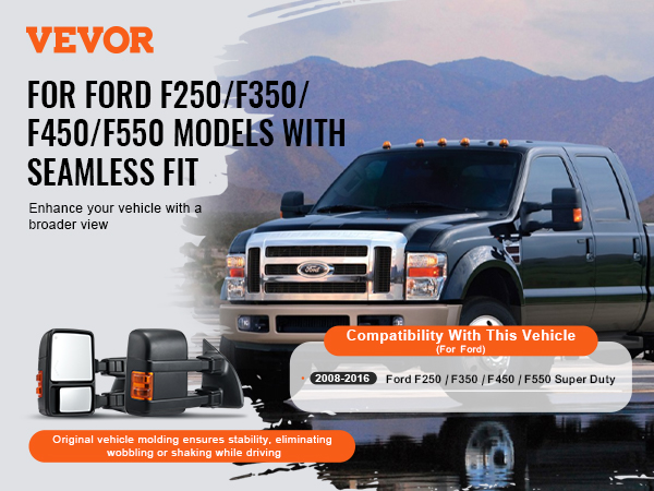 VEVOR towing mirrors for ford f250/f350/f450/f550, seamless fit, broader view enhancement.