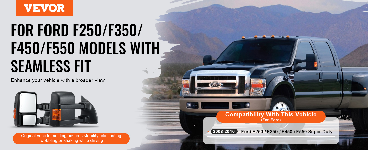 VEVOR towing mirrors for ford f250/f350/f450/f550, seamless fit, broader view enhancement.