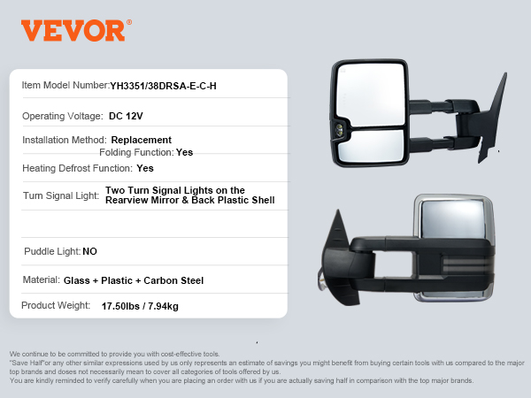 VEVOR towing mirrors with turn signal lights, 12v, heating defrost, folding function, and carbon steel frame.