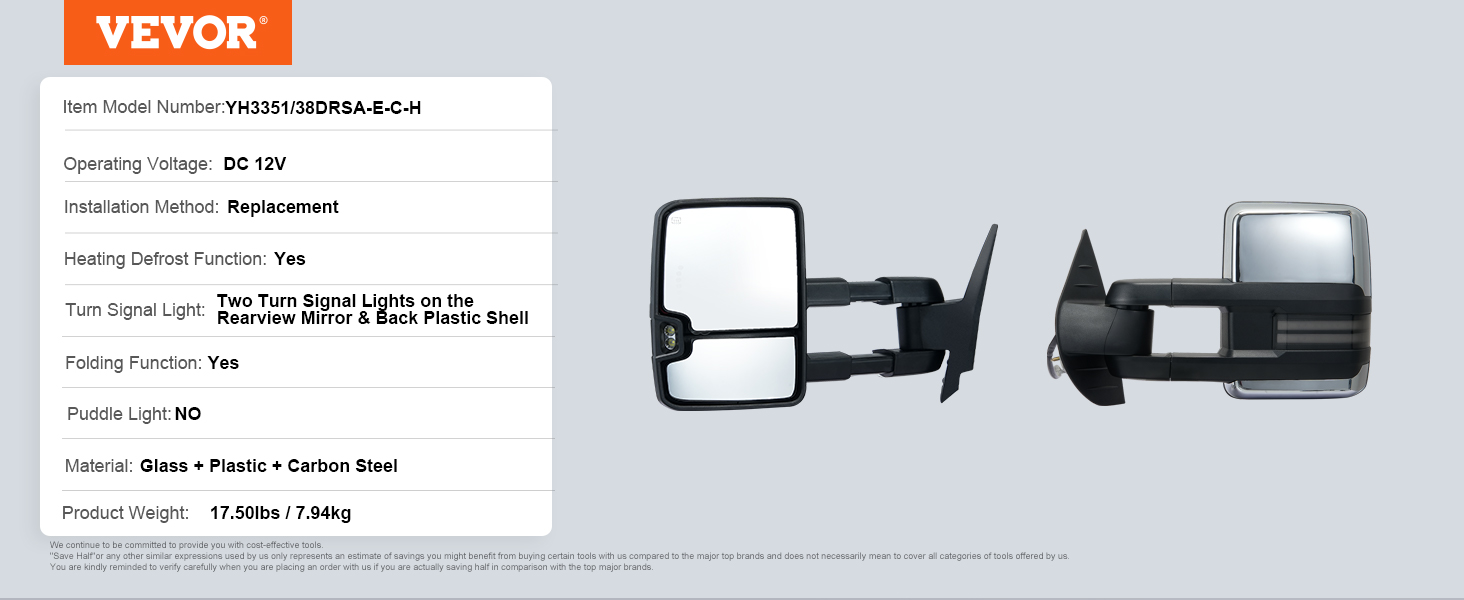 VEVOR towing mirrors with turn signal lights, 12v, heating defrost, folding function, and carbon steel frame.
