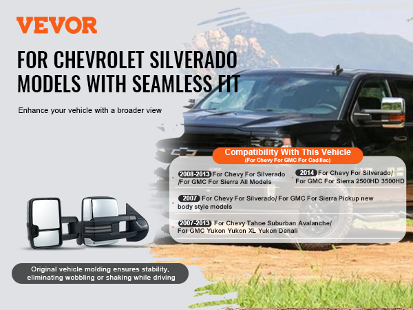 VEVOR towing mirrors for chevrolet silverado: seamless fit, broader view, stable, no wobbling.