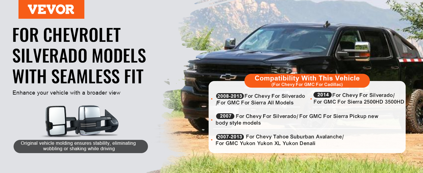 VEVOR towing mirrors for chevrolet silverado: seamless fit, broader view, stable, no wobbling.