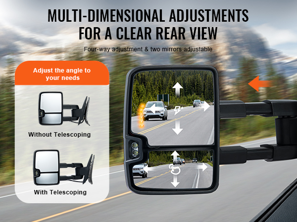 VEVOR towing mirrors with multi-directional adjustments for clear rear views on a forested road.