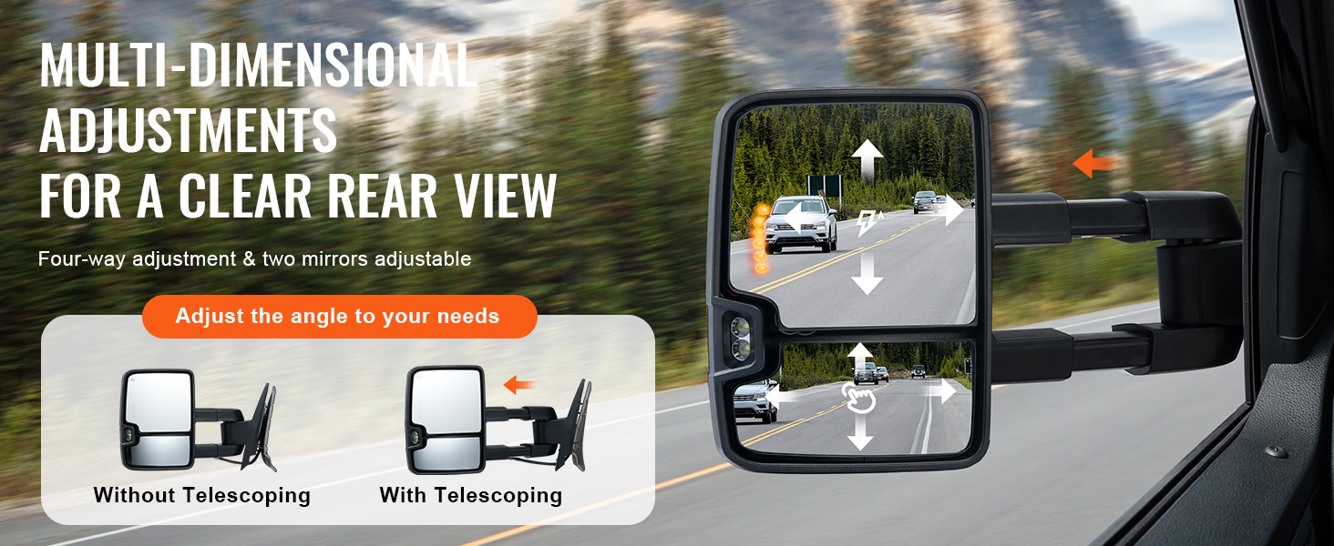 VEVOR towing mirrors with multi-directional adjustments for clear rear views on a forested road.