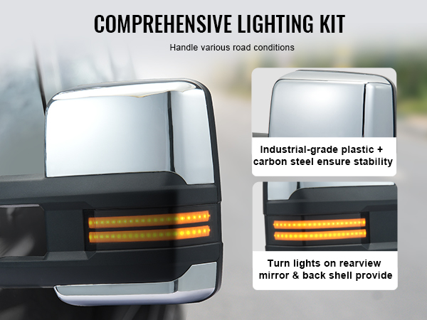 VEVOR towing mirrors with comprehensive lighting kit, industrial-grade plastic, and carbon steel construction.
