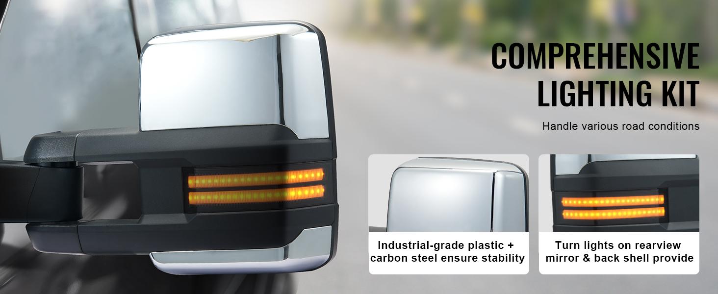 VEVOR towing mirrors with comprehensive lighting kit, industrial-grade plastic, and carbon steel construction.