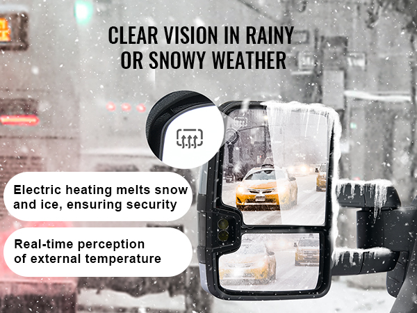 VEVOR towing mirrors with heating function provide clear vision in rainy or snowy weather.