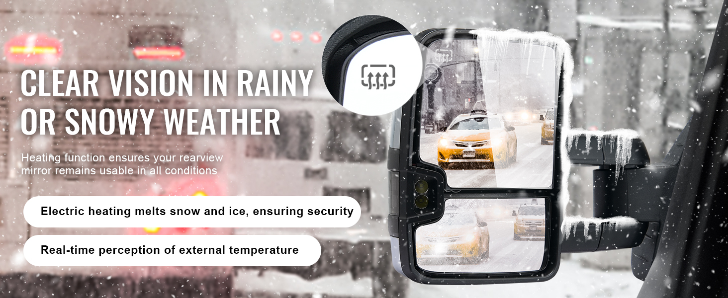 VEVOR towing mirrors with heating function provide clear vision in rainy or snowy weather.