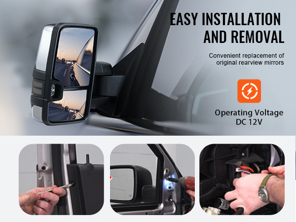 VEVOR towing mirrors, dc 12v, easy installation and removal, convenient rearview mirror replacement.