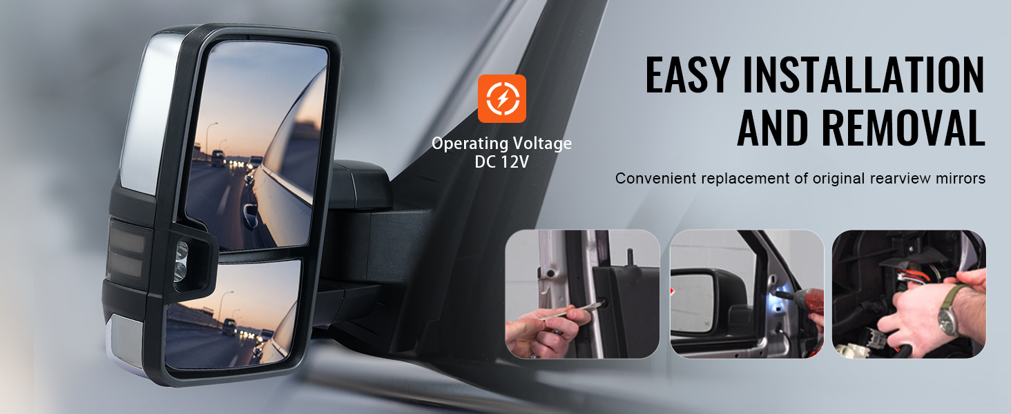 VEVOR towing mirrors, dc 12v, easy installation and removal, convenient rearview mirror replacement.