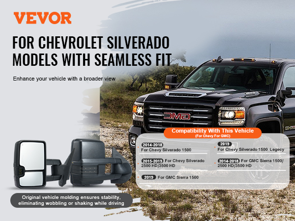 VEVOR towing mirrors for chevrolet silverado models 2014-2021, enhancing broader vehicle view.