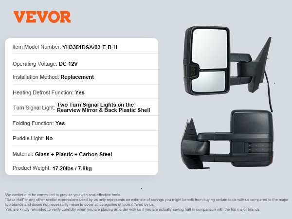 VEVOR towing mirrors chevrolet silverado with turn signal lights, defrost, and foldable functions.