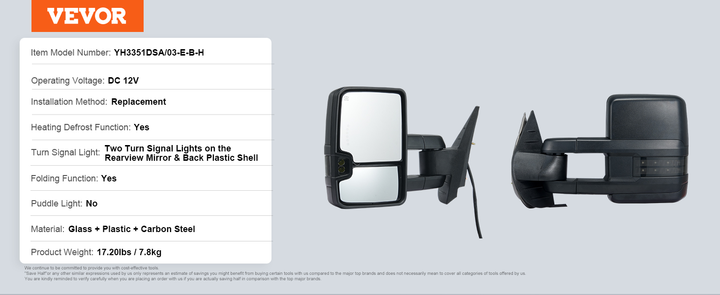 VEVOR towing mirrors chevrolet silverado with turn signal lights, defrost, and foldable functions.