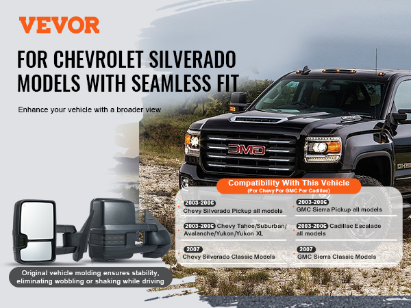 VEVOR towing mirrors for chevrolet silverado models, enhancing vehicle view and stability.