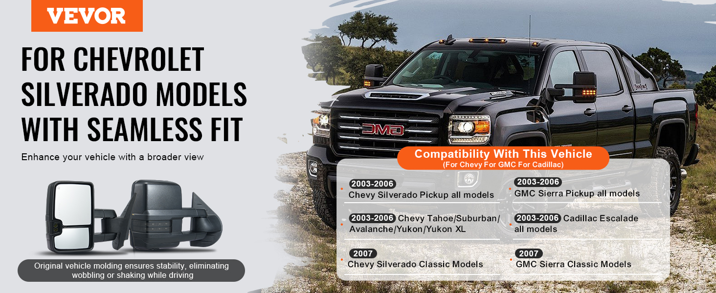 VEVOR towing mirrors for chevrolet silverado models, enhancing vehicle view and stability.