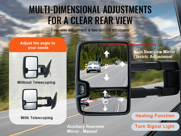 multidimensional VEVOR towing mirrors for chevrolet silverado, adjustable with heating and turn signal.