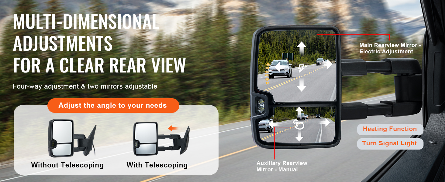 multidimensional VEVOR towing mirrors for chevrolet silverado, adjustable with heating and turn signal.