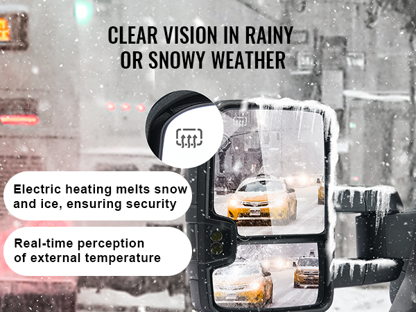 VEVOR towing mirrors chevrolet silverado, heated to clear snow and ice, ensuring visibility in snowy weather.