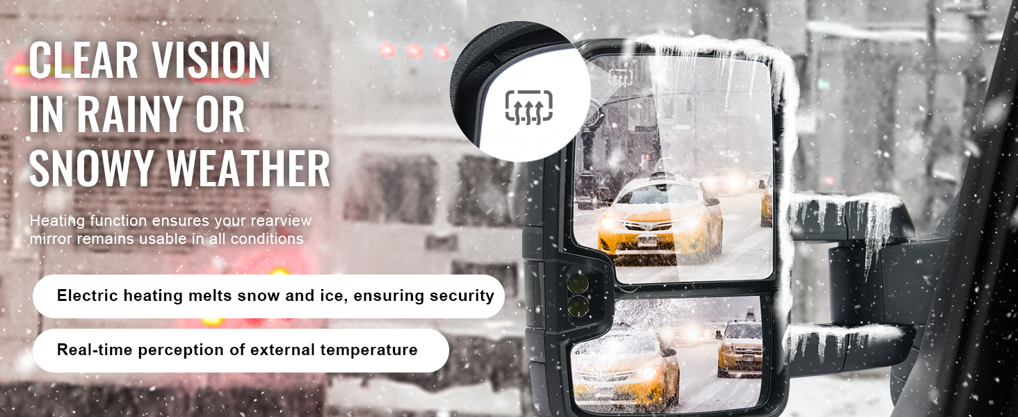 VEVOR towing mirrors chevrolet silverado, heated to clear snow and ice, ensuring visibility in snowy weather.