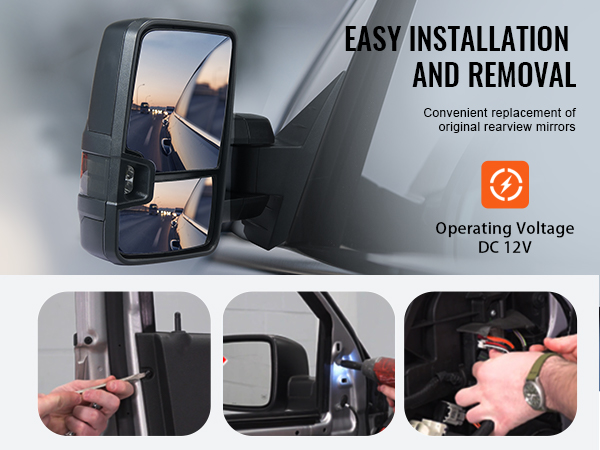 VEVOR towing mirrors chevrolet silverado, easy installation and removal, dc 12v operating voltage.
