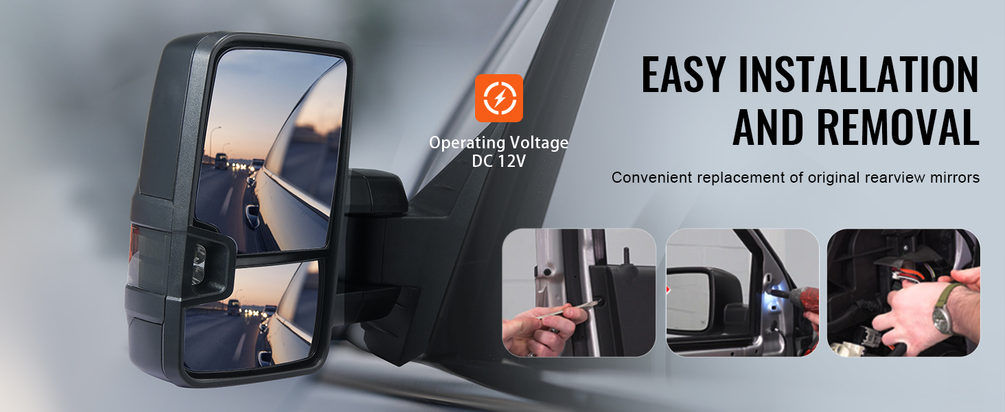 VEVOR towing mirrors chevrolet silverado, easy installation and removal, dc 12v operating voltage.