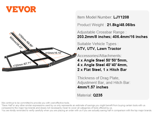 VEVOR driveway drag with adjustable crossbar, suitable for atv, utv, lawn tractor; 21.8kg, q235 steel.