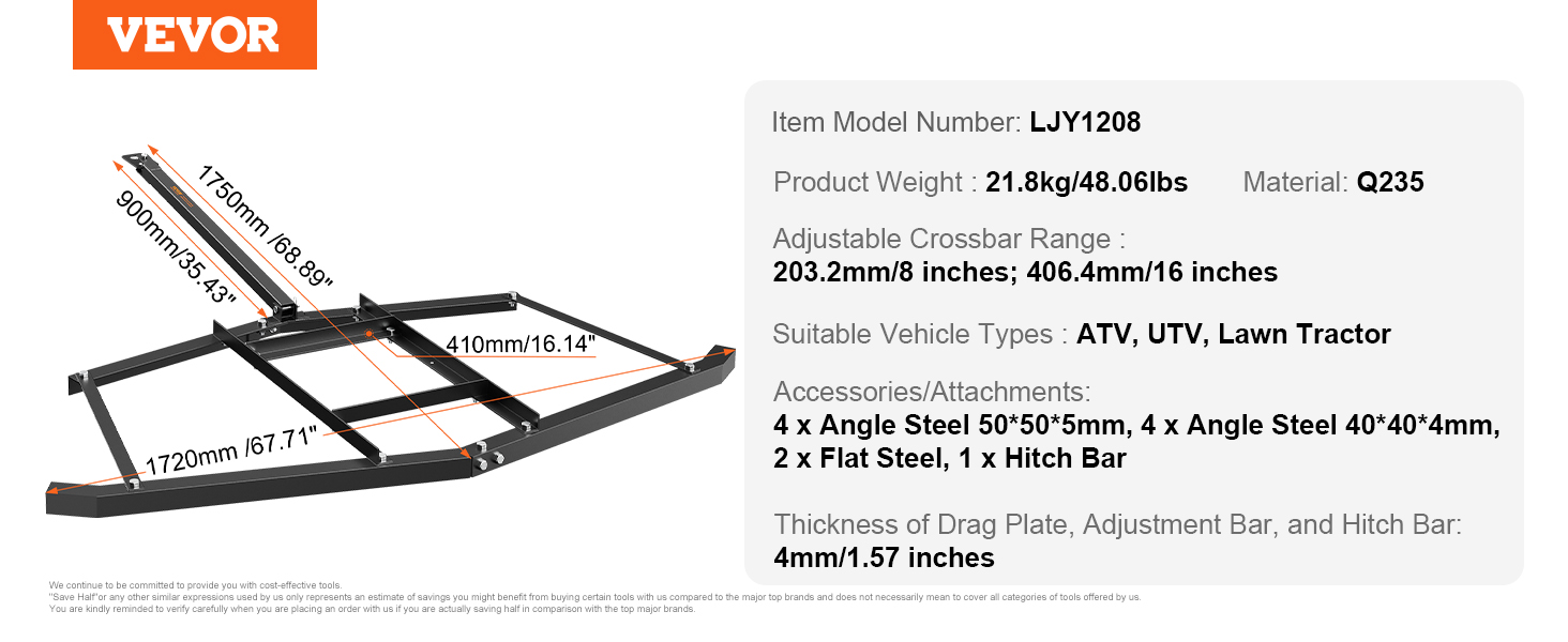 VEVOR driveway drag with adjustable crossbar, suitable for atv, utv, lawn tractor; 21.8kg, q235 steel.