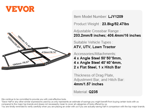 VEVOR driveway drag specifications: adjustable crossbar, q235, 23.8kg/52.47lbs, suitable for atv, utv, tractor.