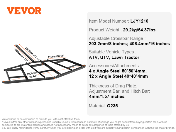 VEVOR driveway drag dimensions, weight 29.2kg, adjustable crossbar, suitable for atv, utv, lawn tractor.