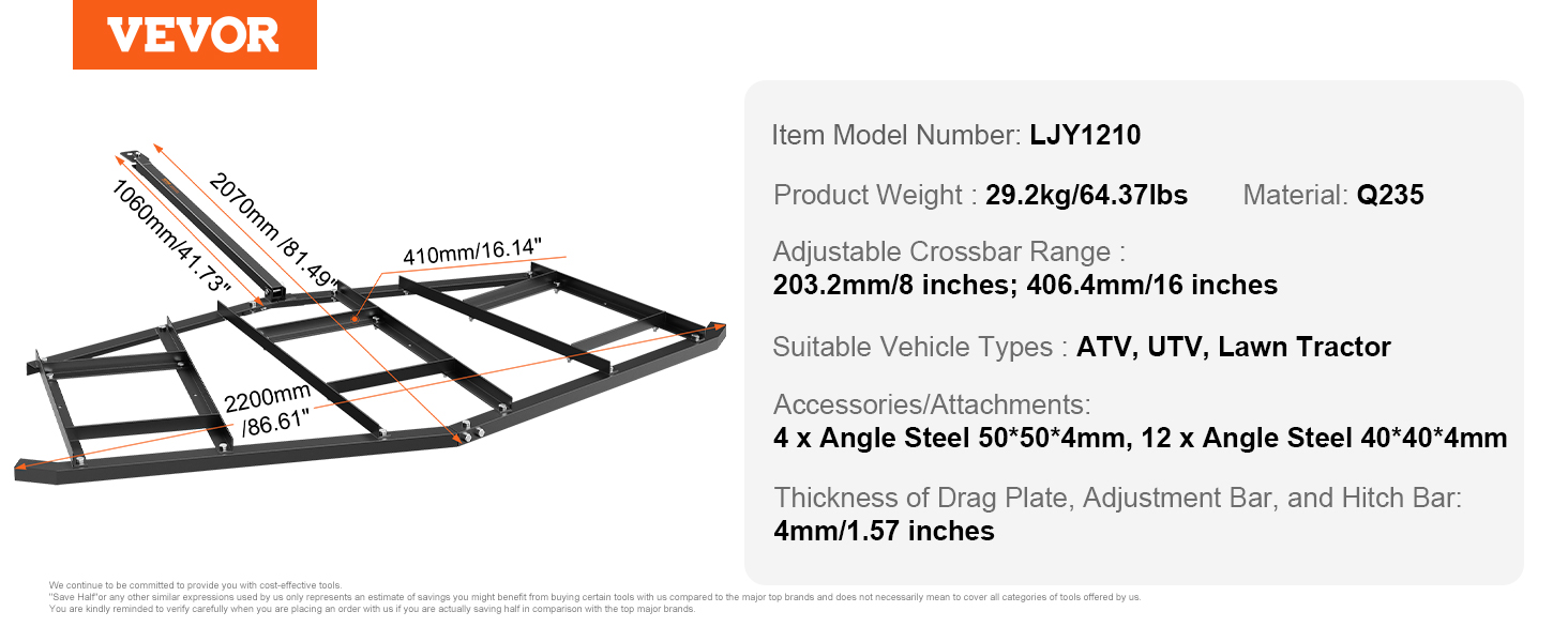 VEVOR driveway drag dimensions, weight 29.2kg, adjustable crossbar, suitable for atv, utv, lawn tractor.