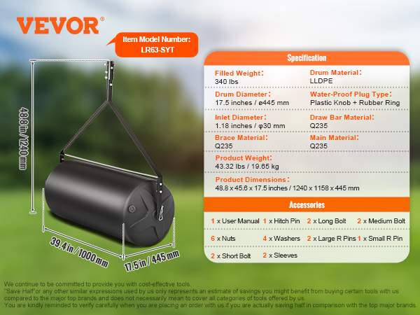 VEVOR tow behind lawn roller with 340 lbs filled weight, lldpe drum, and q235 materials. model ti-1836.