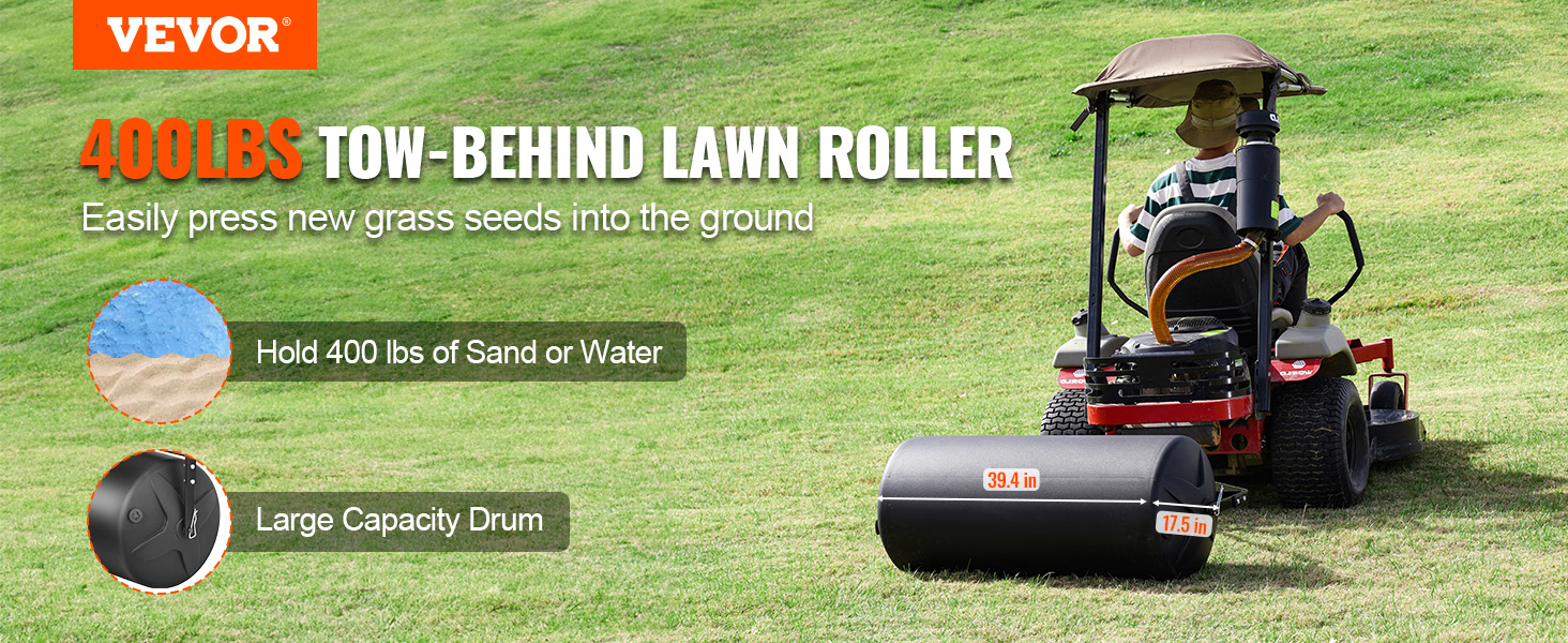 VEVOR tow behind lawn roller being used on a lawn. holds 400 lbs of sand or water, large capacity drum.