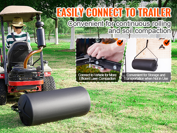 VEVOR tow behind lawn roller connected to a trailer, showcasing efficient lawn compaction and storage.