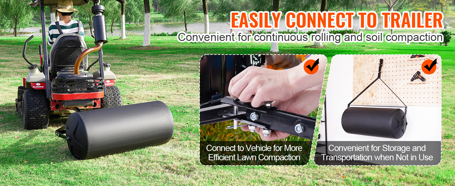 VEVOR tow behind lawn roller connected to a trailer, showcasing efficient lawn compaction and storage.