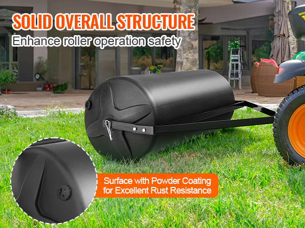 VEVOR tow behind lawn roller with solid structure and powder coating for rust resistance on a lawn.