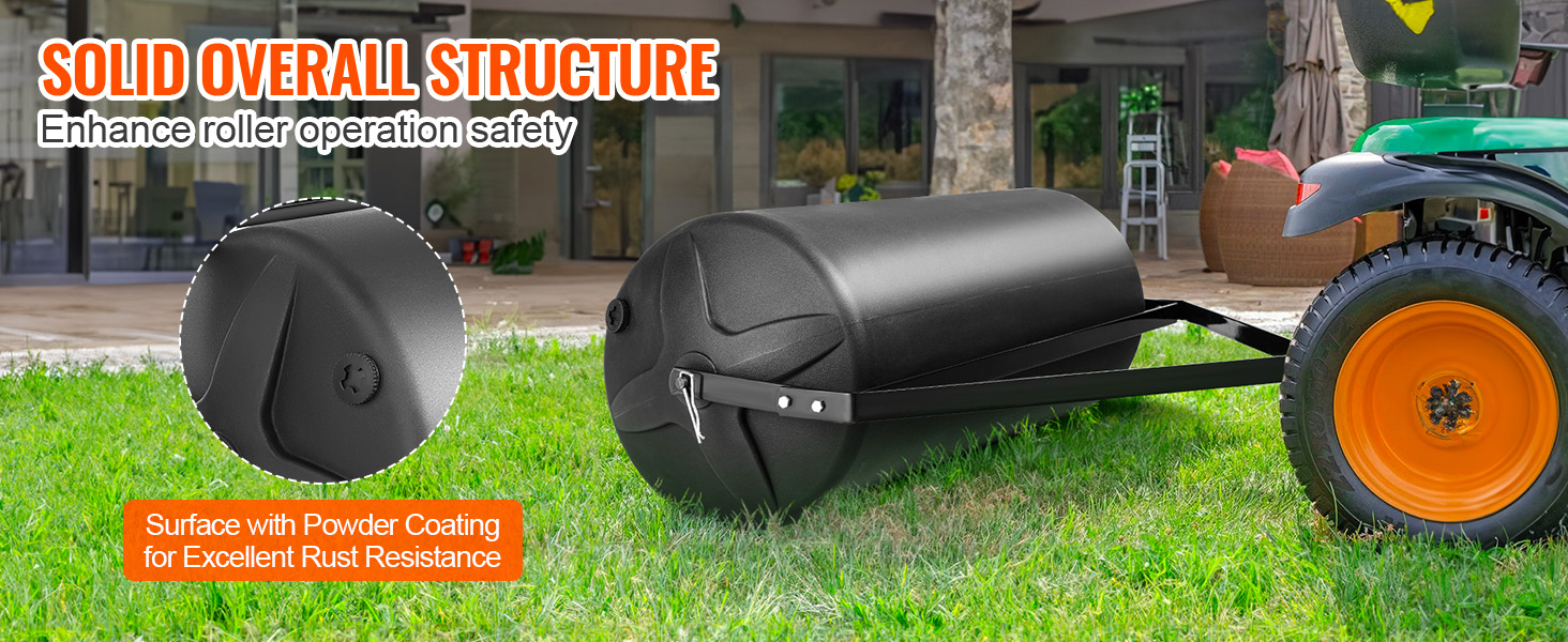 VEVOR tow behind lawn roller with solid structure and powder coating for rust resistance on a lawn.