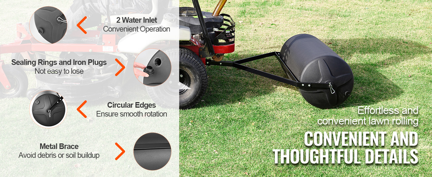 VEVOR tow behind lawn roller featuring 2 water inlets, sealing rings, circular edges, and metal brace.
