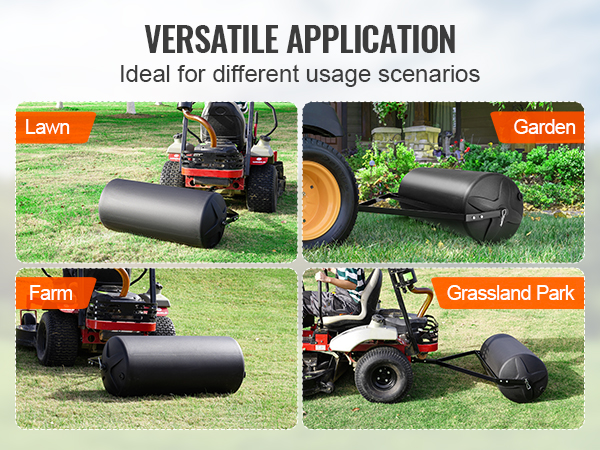 VEVOR tow behind lawn roller used on lawn, garden, farm, and grassland park for versatile application.
